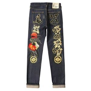 Evisu Men's Dark Blue Jeans with Gold Accents